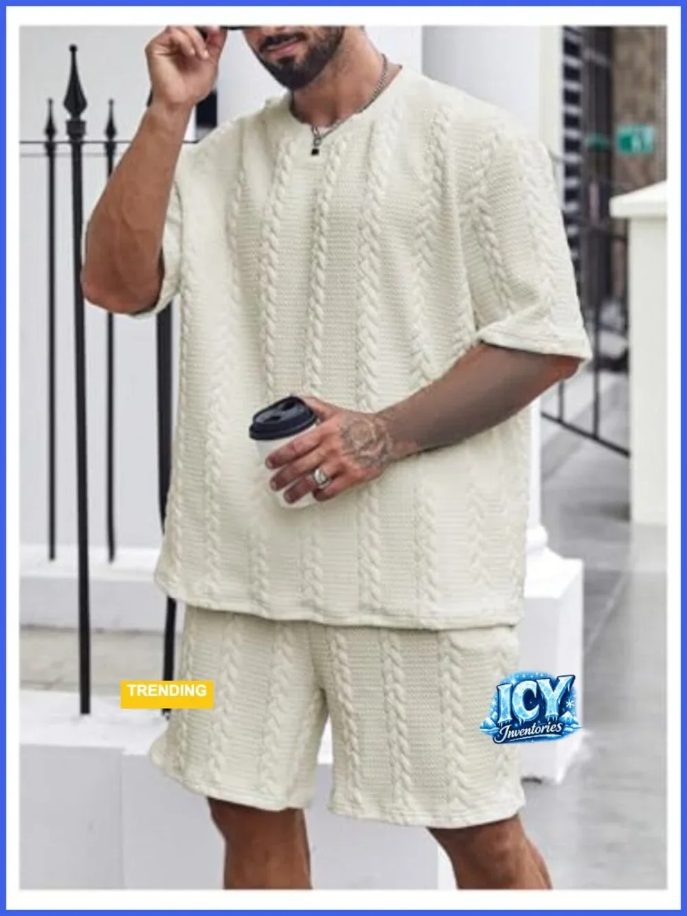Men's Cable Knit Short Sleeve T-Shirt and Shorts Set Big and Tall Vacation